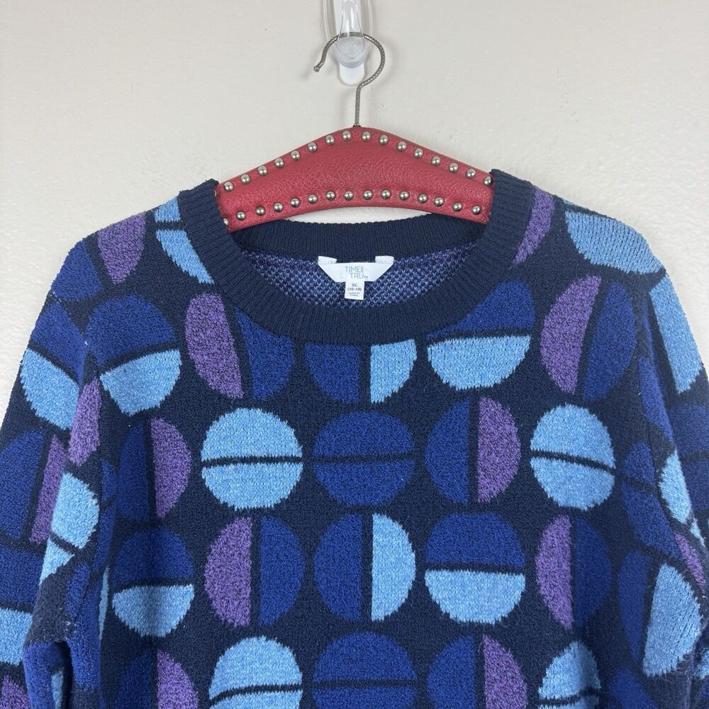 Time And Tru Intarsia Pullover Knit Sweater Blue Lagoon Geometric Retro XL 16-18 - Picture 2 of 12